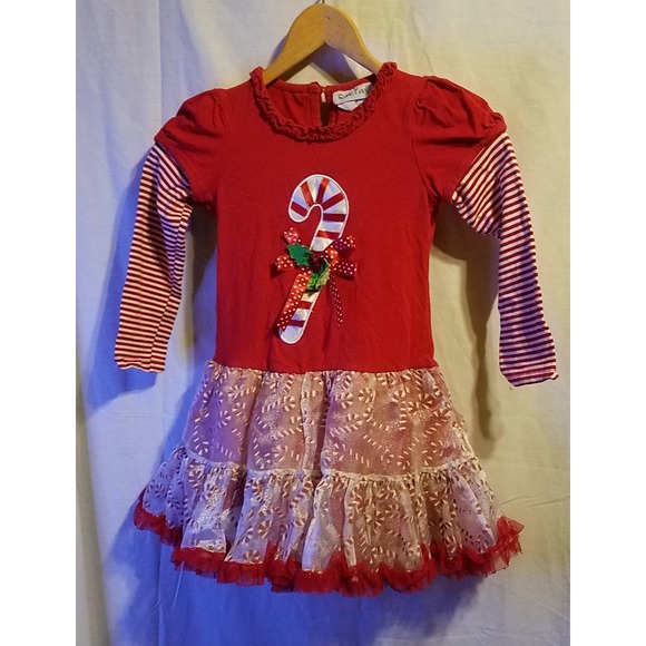 Little Girls Festive Christmas Dress By Rare, Too Size 6 Ruffle Tulle Candy Cane - Picture 1 of 7